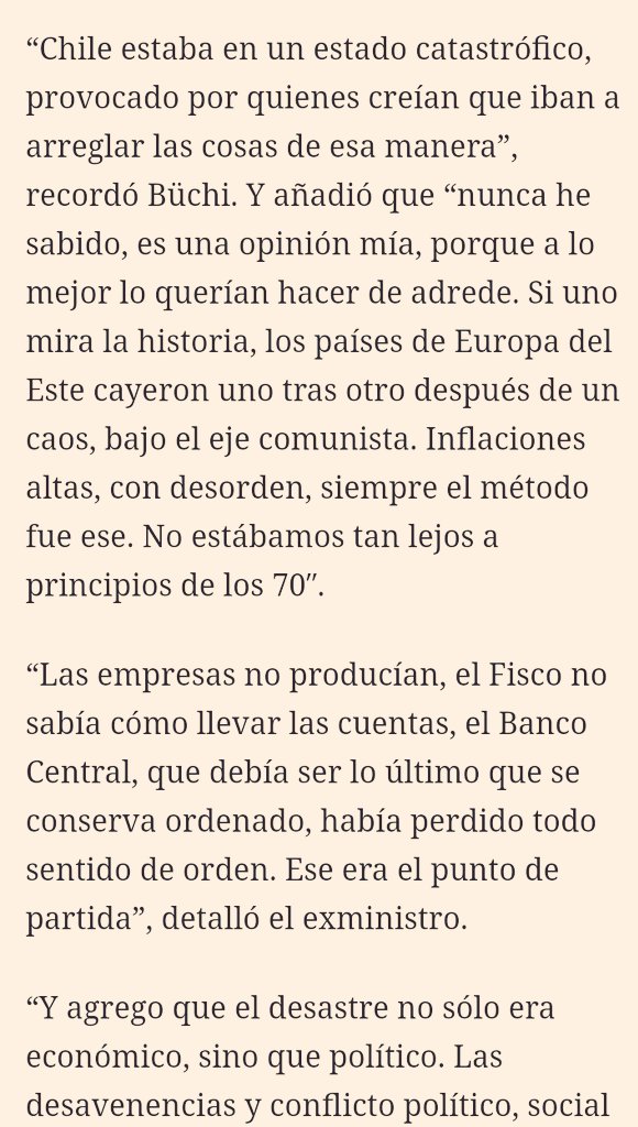 Bruj4delEste's tweet photo. CATASTRÓFICO‼️

💥EMPRESAS NO PRODUCÍAN
💥FISCO NO SABÍA DE CUENTA$
💥BC SIN ORDEN 
💥CONFLICTO POLÍTICO/SOCIAL y
💥1 PAÍS MUY POBRE

Ese fue el PUNTO DE PARTIDA,
desde donde el GOB. MILITAR inicia 
LA CONSTRUCCIÓN DE CHILE🇨🇱

"Pero a la gente se le olvida", explica
Hernán Büchi. https://t.co/9shbrhJ3UG