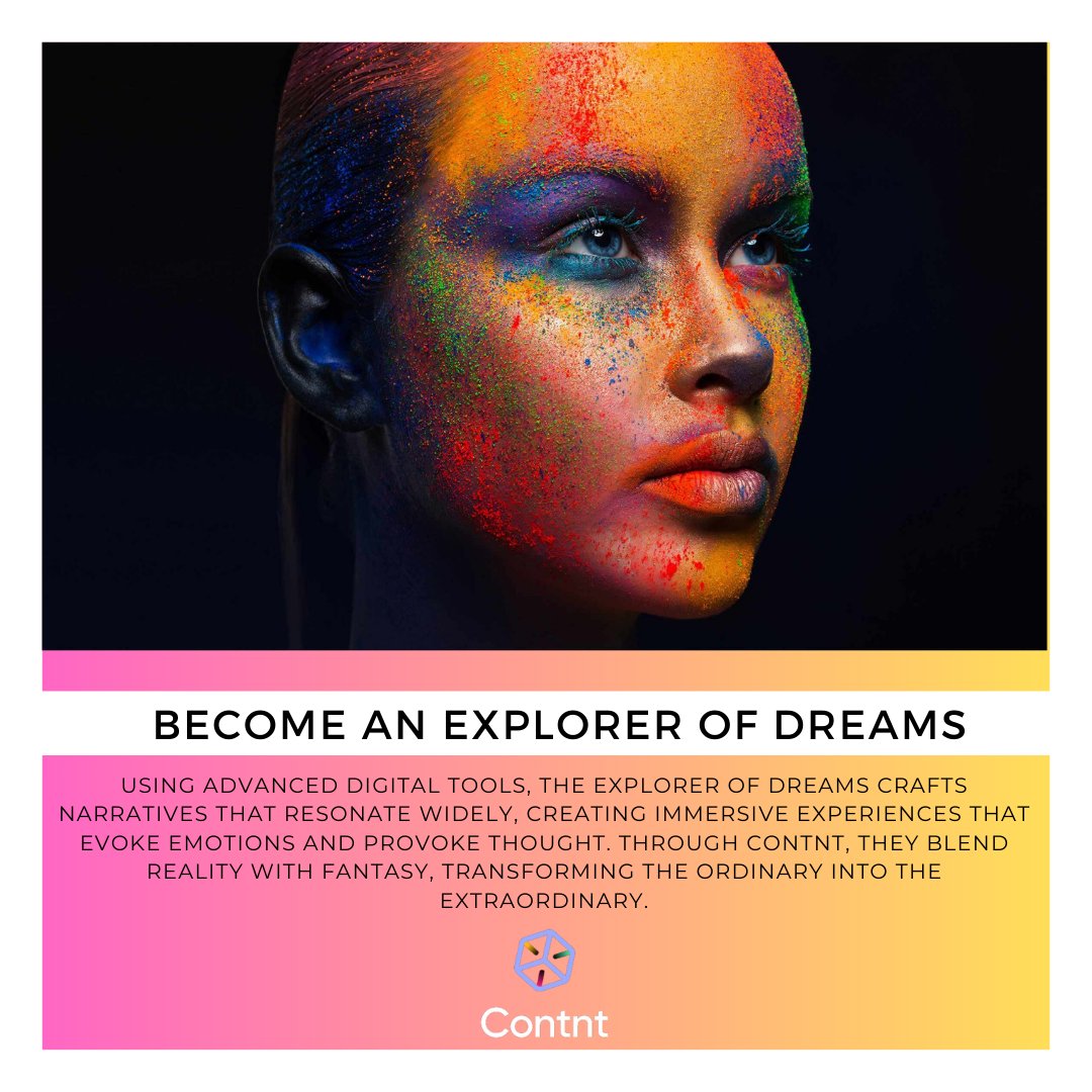 Contntio's tweet image. 🌟 Become an Explorer of Dreams with Contnt! 🌟 Use advanced digital tools to create immersive narratives that blend reality with fantasy. Transform the ordinary into the extraordinary. Sign up via the link in bio! ✨ #CreativeJourney #ContntPlatform #ExploreDreams #LinkInBio