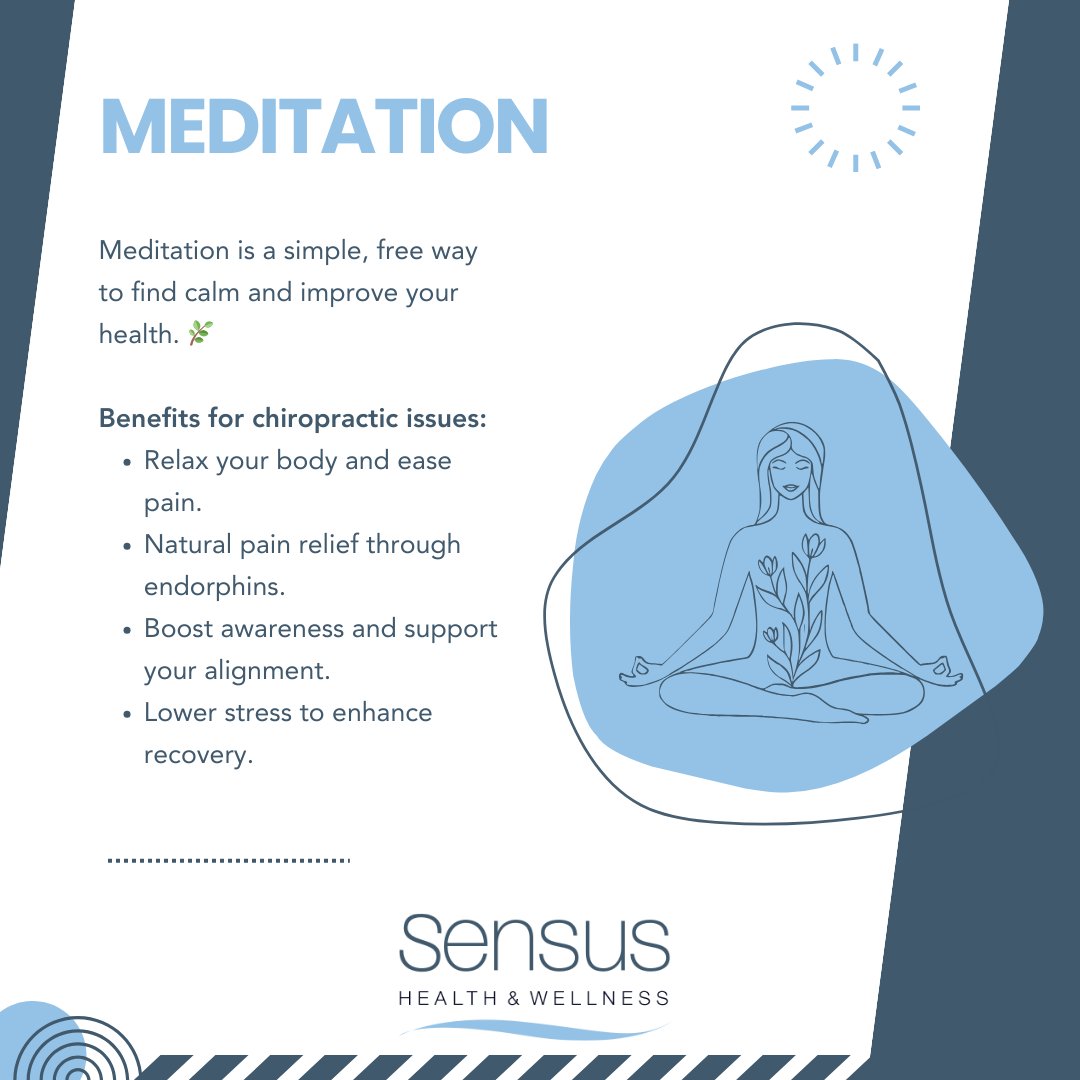 SensusHealthSW6's tweet image. Meditation is a simple, free way to find calm and improve your health. 🌿 It relaxes your body and eases pain, offering natural pain relief through endorphins. Boost your awareness, support your alignment, and lower stress to enhance recovery.