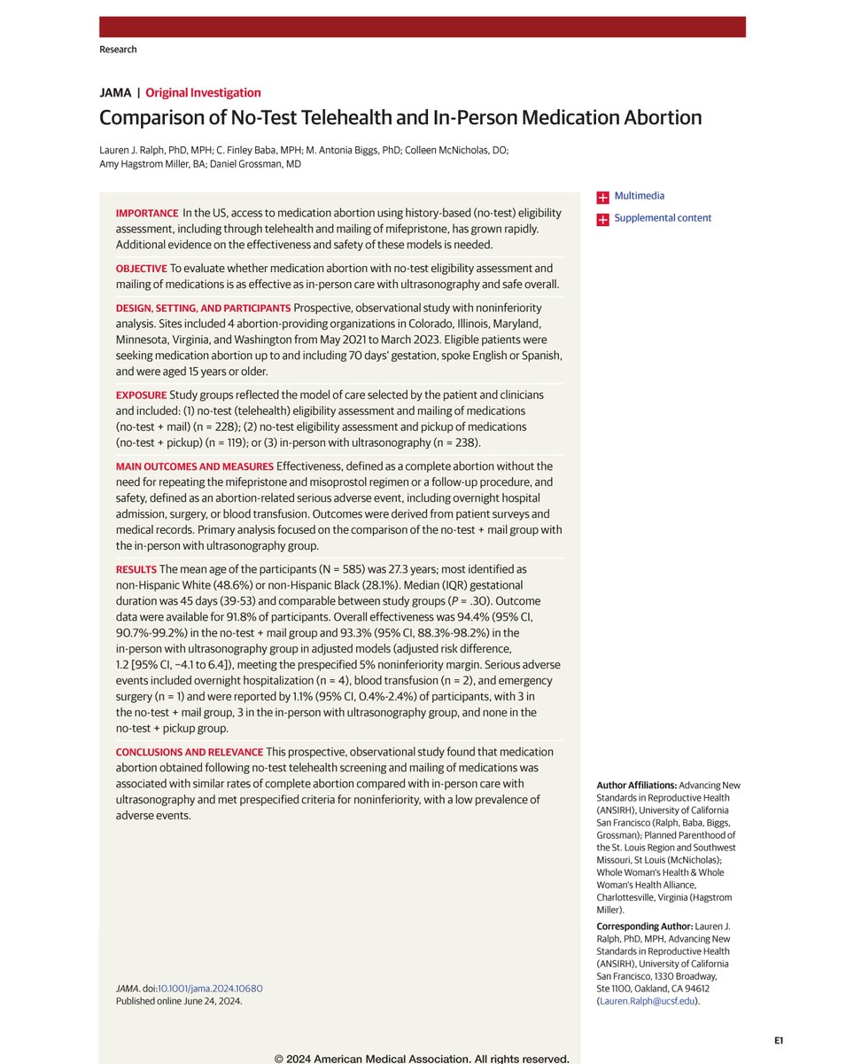 Medication abortion following no-test telehealth screening and mailing of medications was associated with similar rates of abortion completion compared with in-person care, finds this prospective, observational study. ja.ma/4eCAHhT