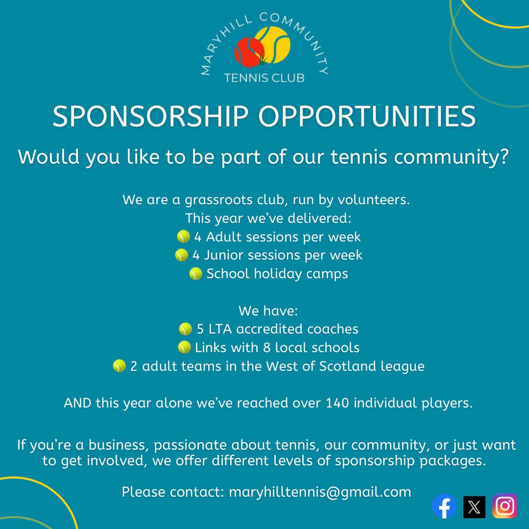 📢Sponsorship Opportunities Available📢

Calling all businesses, tennis enthusiasts, or anyone who would like to get involved with our tennis community, we’re looking for your help. 🙏 🧵1/3