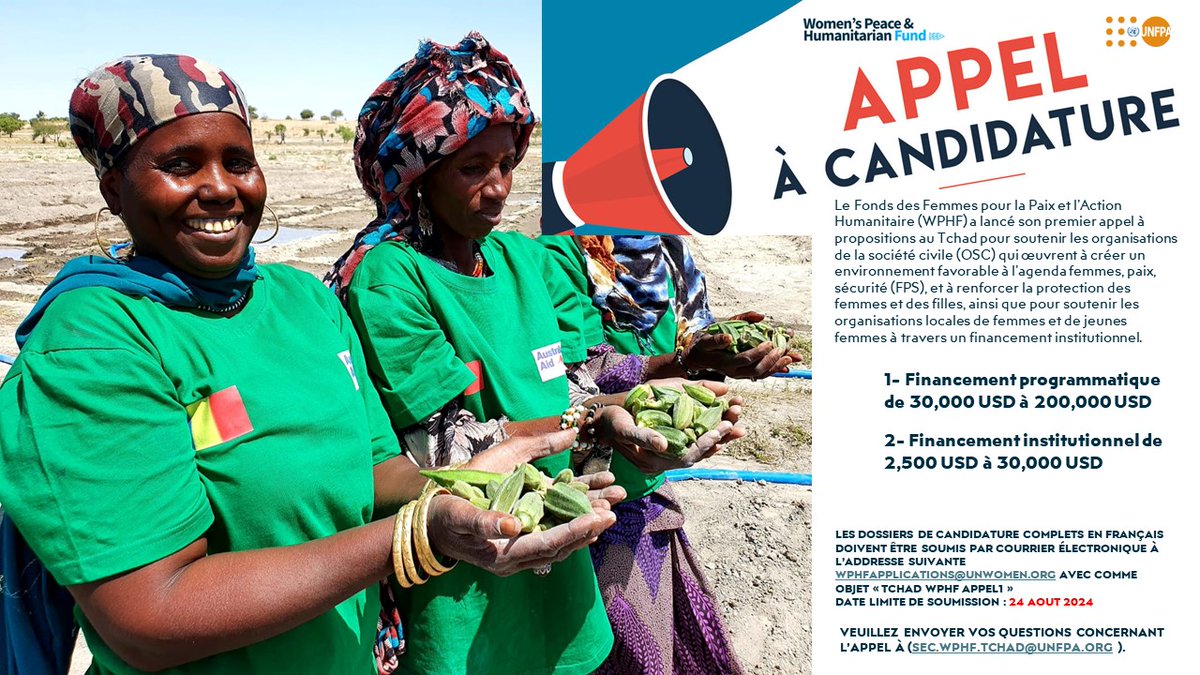 OnuTchad's tweet photo. Appel à candidatures pour les organisations de femmes de la société civile. Plus d'informations ici: https://t.co/ilc8yH4Idt https://t.co/lJ8GYevHAx