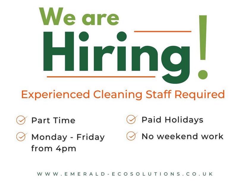 🤑Looking for extra income? 
🏖Saving for something special? 
👍🏻Want some extra pounds to spend on YOU?

Part time Cleaning Staff required for city centre. 15hrs per week, Monday to Friday, evenings from 4pm 

For more details: 
hello@emerald-ecosolutions.co.uk
