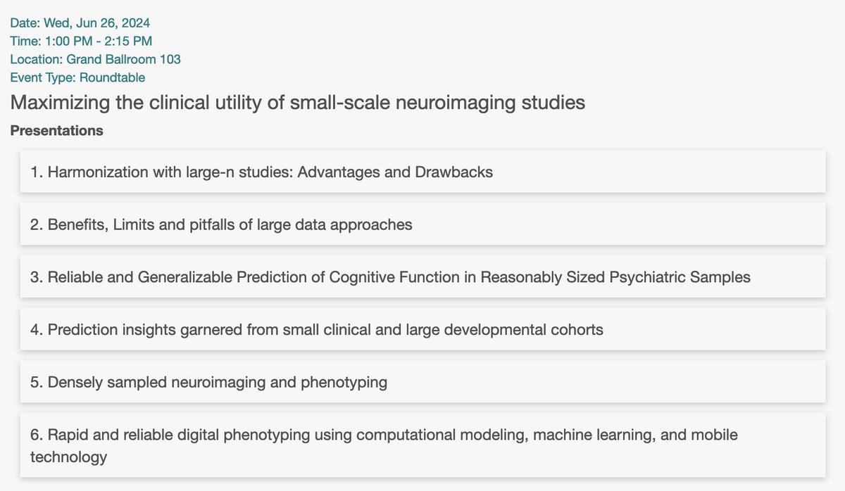 Do you work with small-scale neuroimaging datasets? Don't miss this session WED 1PM #ohbm2024
 "Maximizing the clinical utility of small-scale neuroimaging studies"
Organized by Vani Pariyadath, @AvramHolmes and  Sarah Yip <a href="/yip_lab/">Sarah Yip</a>