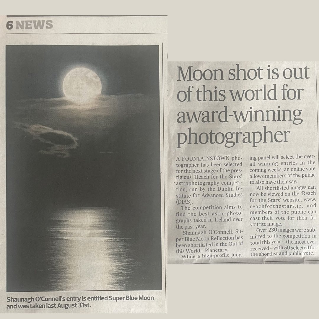 ShaunaghOC's tweet photo. A surprise article about my Super Blue Moon photo featured in the @SouthernStarIRL this week. 📸 

My image has been shortlisted in the ‘Reach for the Stars’ astrophotography competition. 
You can still vote here (my image is near the end): https://t.co/64I17NcAaq
#ireland #cork https://t.co/OjdmJvdauR