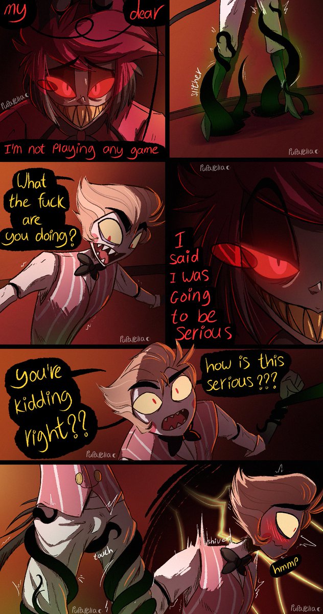 Puparellax's tweet photo. Succumb to Temptation 
Act 5 - part 1 
Spice level: medium 🌶️

#radioapple #alastor #lucifer #LuciferxAlastor #HazbinHotel #comic https://t.co/Z4pOGOMab0