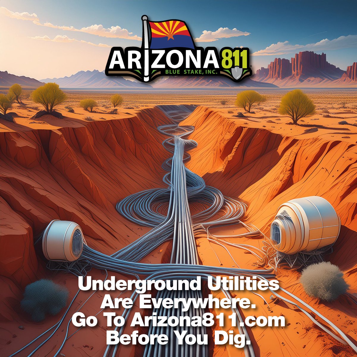Arizona811's tweet photo. Experience Arizona's Hidden Depths Safely! 🏜️ Just because it’s in the middle of nowhere doesn’t mean utilities aren’t present.
#arizona811, #call811, #safetyisinyourhands, #everydigeverytime, #callbeforeyoudig, #dig, #digging, #safedigging, #excavating, #excavation, #safety https://t.co/E0jmpXlBbm