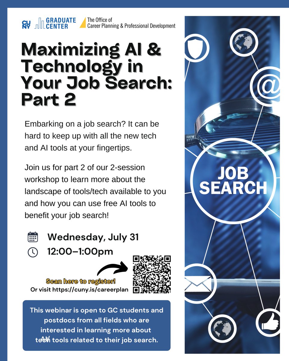 Reminder! In two weeks (July 31), join us for Part 2 of Maximizing AI &amp; Technology in Your Job Search. Register today! careerplan.commons.gc.cuny.edu/events/maximiz…