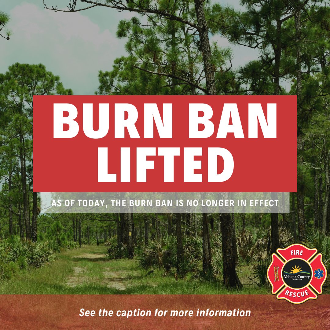 Effective immediately, Volusia County has lifted the countywide burn ban that was instituted on June 6. Residents can now resume burning activities that comply with local regulations and Florida Forest Service guidelines. For more info click here: volusia.org/news/news-rele…