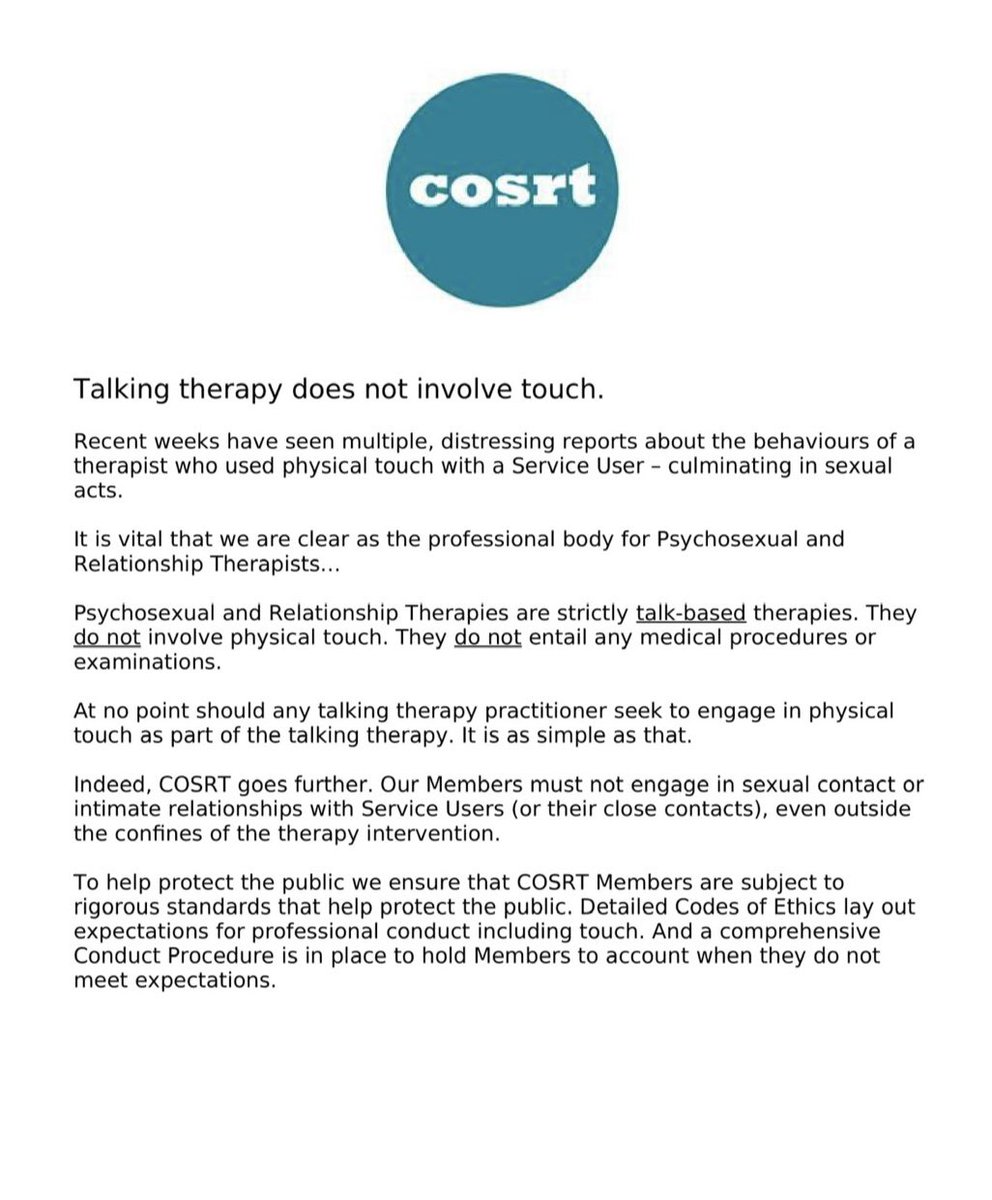 SilvaNeves3's tweet photo. This is the COSRT statement regarding talking therapy: it does not involve touch. 
@cosrtnews #sextherapy #psychotherapy #therapist https://t.co/N9gTTj8q5T