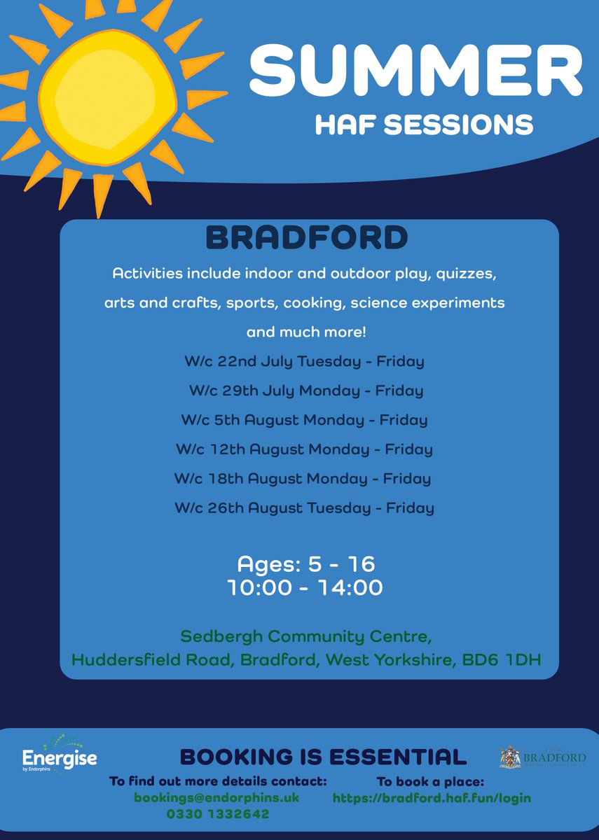 BRADFORD HAF SUMMER SESSIONS 📢 

Our fun and interactive sessions are FREE and a hot meal is provided at each session 🍽️ 🥙 

For more information about dates, times and activities take a look at our flyer 👀 

To book your place: bradford.haf.fun/login
