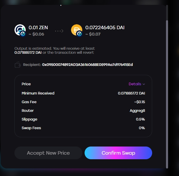 ionus12's tweet photo. One of my favorites #DEX in #HorizenEON is https://t.co/NP9O3pIG3a because we can do multi cross chain in all different platform, for now i just swap $ZEN to $DAI in EON chain https://t.co/slHSntHw98
