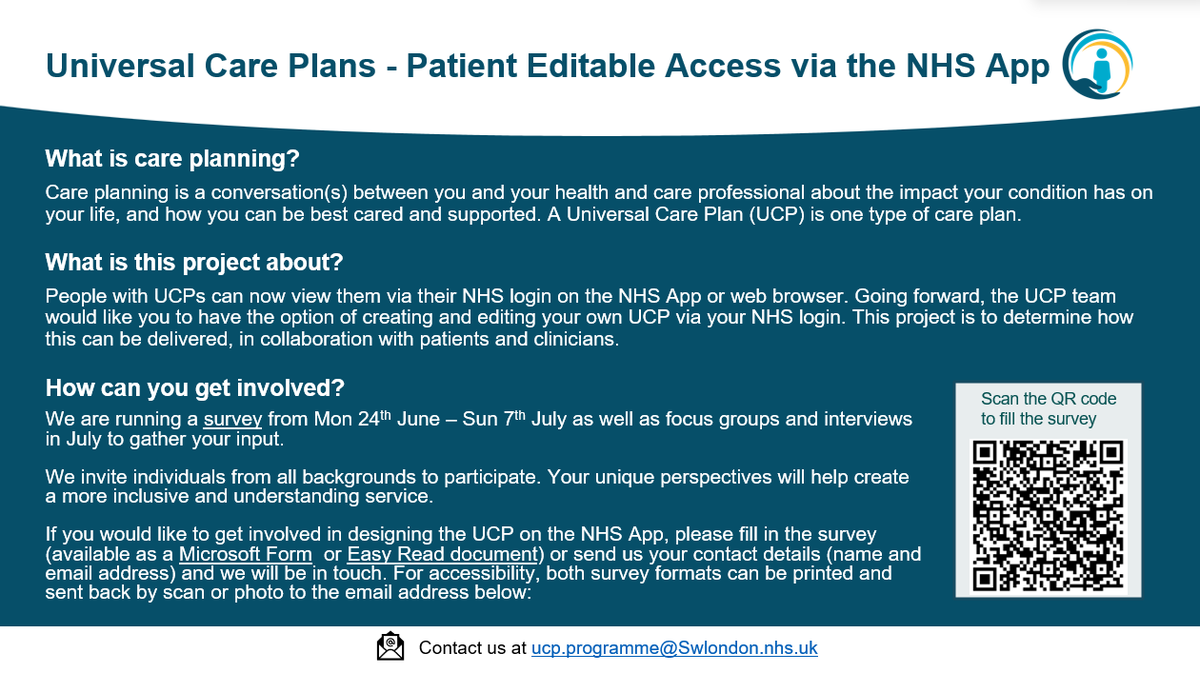 Want to have your say on designing the Universal Care Plan (UCP) in the NHS App? Tell us your thoughts:  lnkd.in/efSbGNBq 

Deadline 07/07. 

Easy read version: lnkd.in/eBJZYjAq

Email:  ucp.programme@Swlondon.nhs.uk

#universalcareplan #UCP <a href="/TomasInce/">Tomas Ince</a> <a href="/LondonUCP/">Universal Care Plan for London</a>