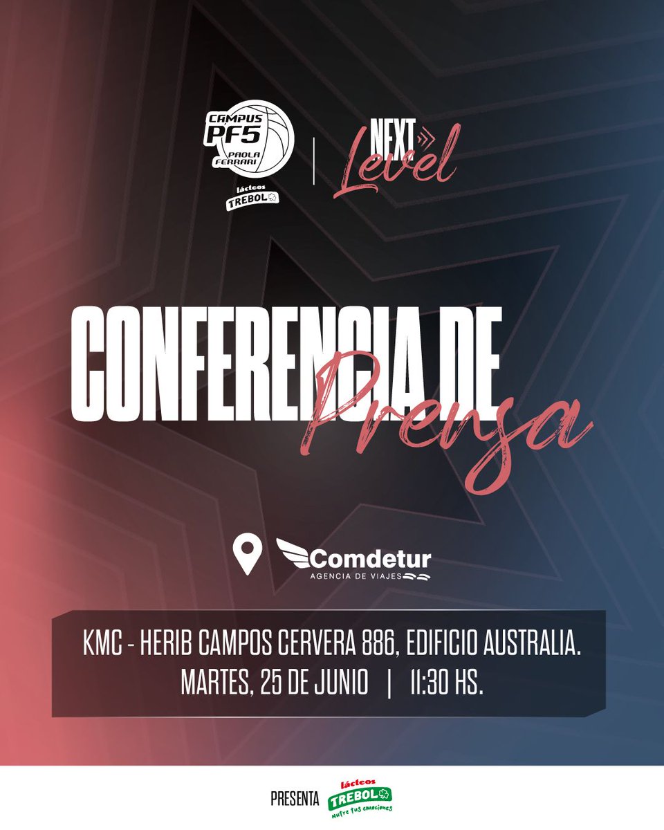 ¡Conferencia de prensa! 📣

Invitamos a los medios de comunicación a acompañarnos en la conferencia de lanzamiento del Campus PF5 Trebol 2024 - Next Level. 

📍Oficina Comdetur.

¡Los esperamos! 👋

#CampusPF5 #NextLevel #EdicionXII #Basket #PaoFerrari