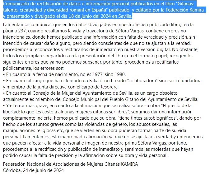 Comunicado de rectificación de datos e información personal publicados en el libro “Gitanas: talento, creatividad y diversidad romaní en España” publicado  y editado por la Federación Kamira y presentado y divulgado el día 18 de junio del 2024 en Sevilla.