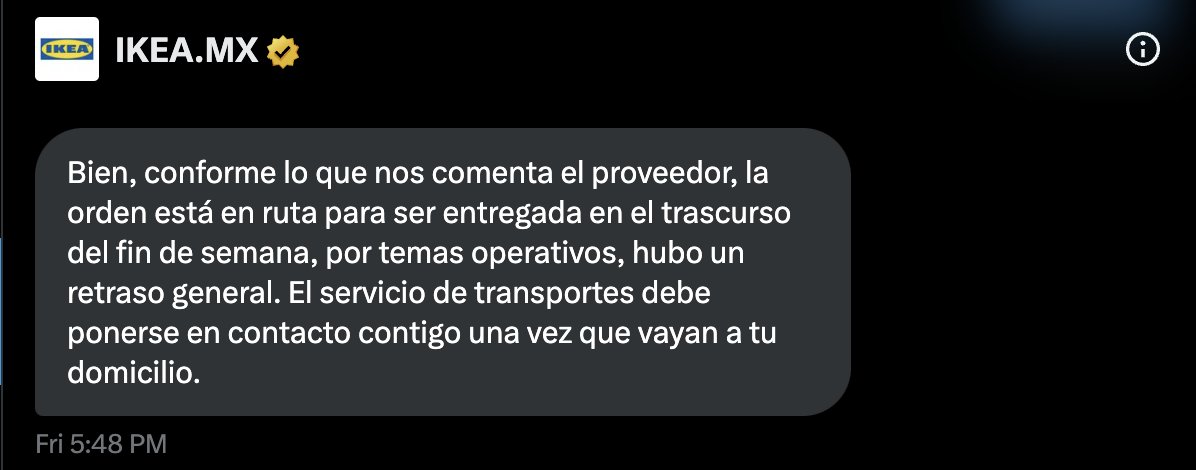 Cool_Hand_Loic's tweet photo. @mx_ikea @IKEA @mx_ikea @IKEA 
Aún no he recibido mi pedido. 
¿Podrían proporcionarme una fecha de entrega exacta, por favor? 
Ya han pasado más de tres semanas desde que realicé el pedido. https://t.co/I2nAMGWIHk