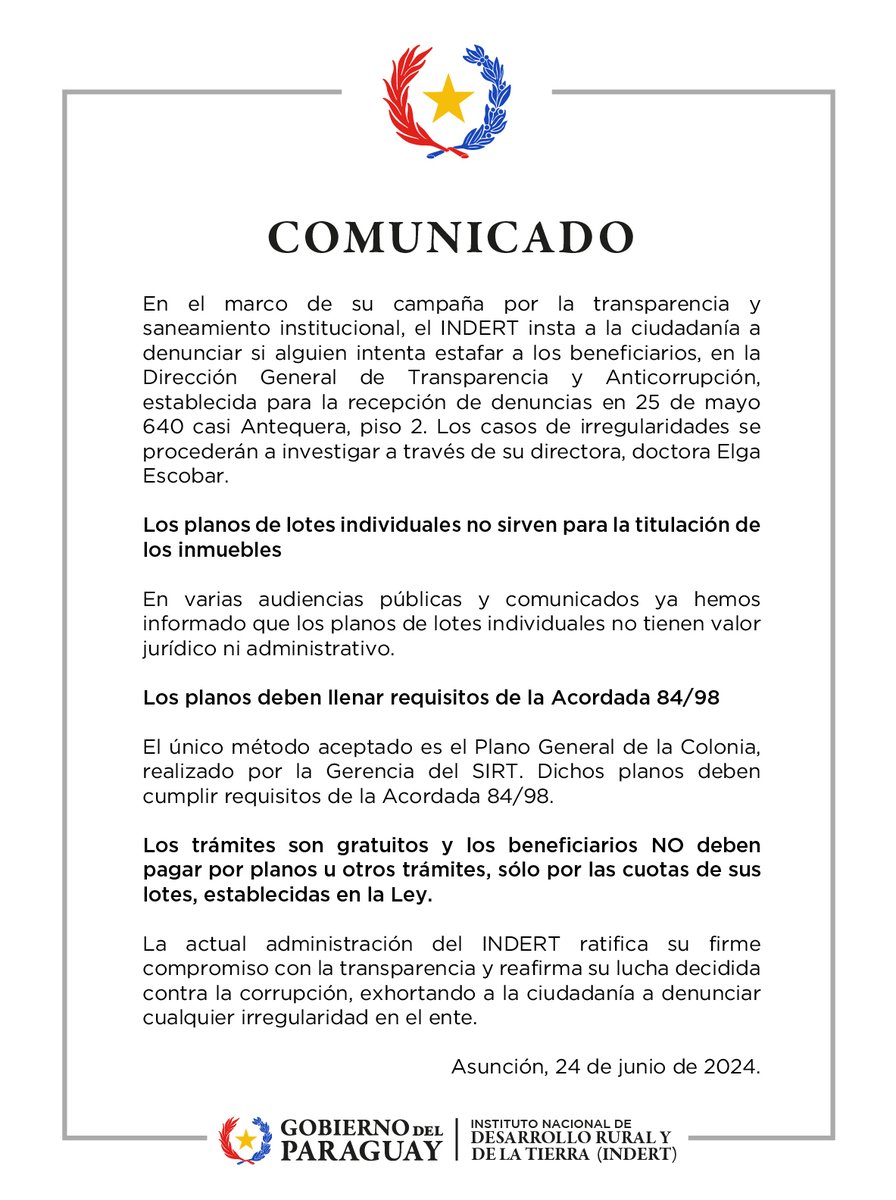 COMUNICADO DEL INDERT
#GobiernoDelParaguay
