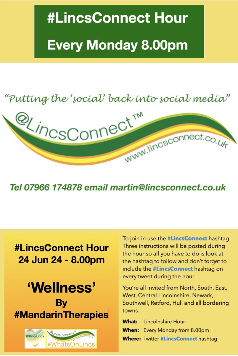 It's Monday again so that mean s it's the #LincsConnect Hour again. I hope you can join us
@marienettist <a href="/Lincoln_Retreat/">Lincoln Holiday Retreat</a> <a href="/SkegnessLisa/">Lisa Collins 🌅</a> <a href="/HealingManor/">Healing Manor</a> <a href="/BottleGlassPub/">The Bottle & Glass</a> <a href="/121TeamThomas/">Vanessa Thomas : 121 Team Thomas</a> <a href="/ShaliniAustin/">Shalini / शालिनी</a> <a href="/EntanglesD/">Entangles Design - Jo Cook</a> @philippa_east <a href="/LincolnMapLady/">LincolnMapLady</a> <a href="/JASPlumbLincs/">J & S Plumbing and Heating</a> <a href="/YMCALincs/">YMCA Lincolnshire</a> @MillsieT