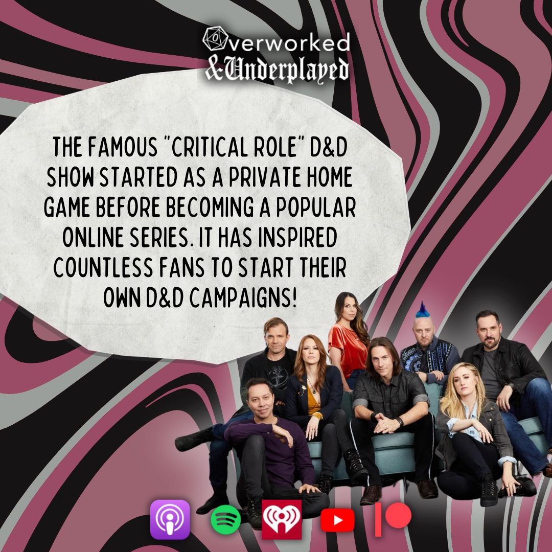 OwnUpPod's tweet photo. Fact About Dungeons &amp; Dragons

Did you know? The famous "Critical Role" D&amp;D show started as a private home game before becoming a popular online series. It has inspired countless fans to start their own D&amp;D campaigns!

#DnDFunFact #DnDTrivia #OwnUpPod #OverworkedAndUnderplayed https://t.co/IdKsyPuYGm