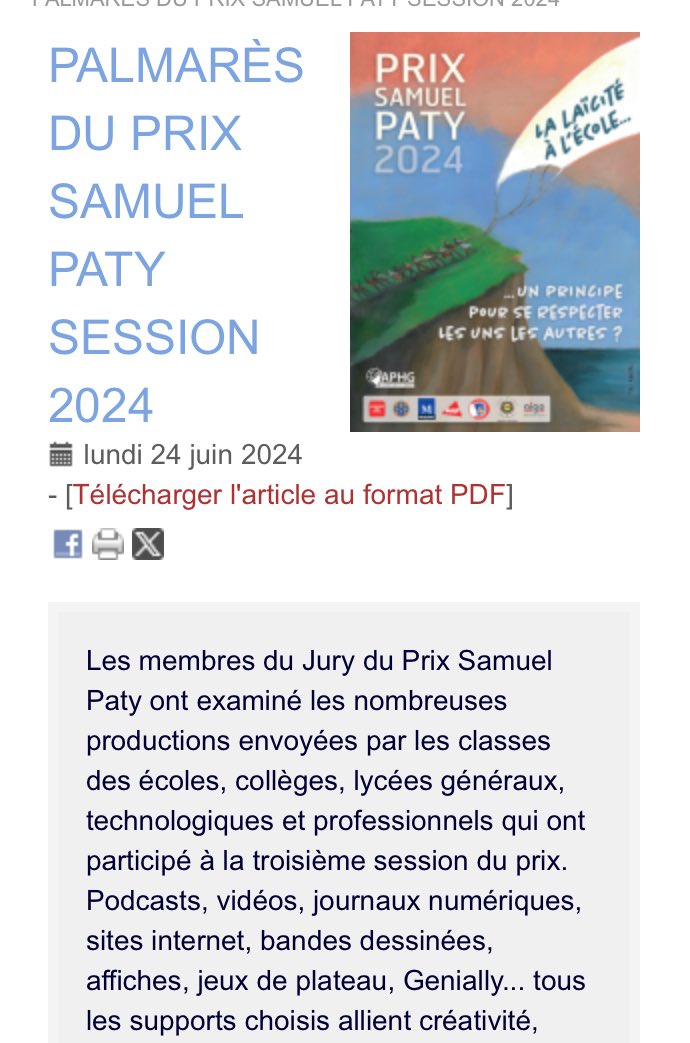 🔴 Palmarès du prix Samuel Paty 2024 : 
Les résultats sont en ligne : bravo aux classes lauréates et aux collègues qui ont encadré les travaux ! 
▶️ aphg.fr/PALMARES-DU-PR…
