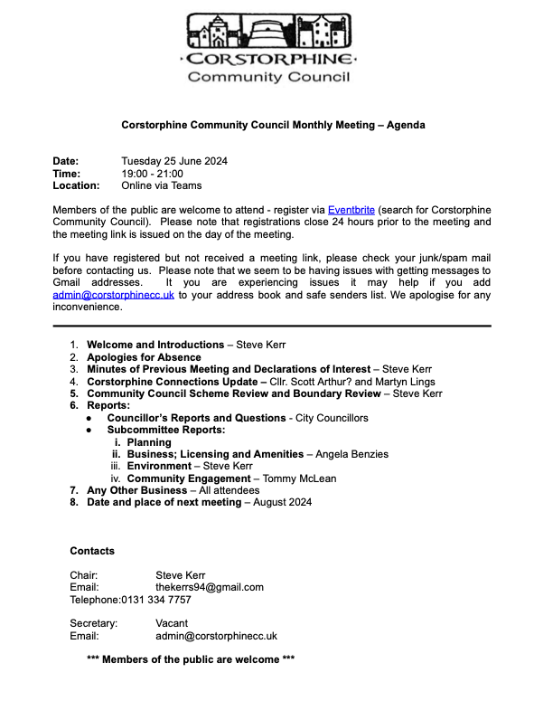 The agenda for June's Corstorphine Community Council Meeting is now available, starting at 7pm on Tuesday 25th on Teams - please sign up via Eventbrite if you'd like to attend. eventbrite.co.uk/e/corstorphine…