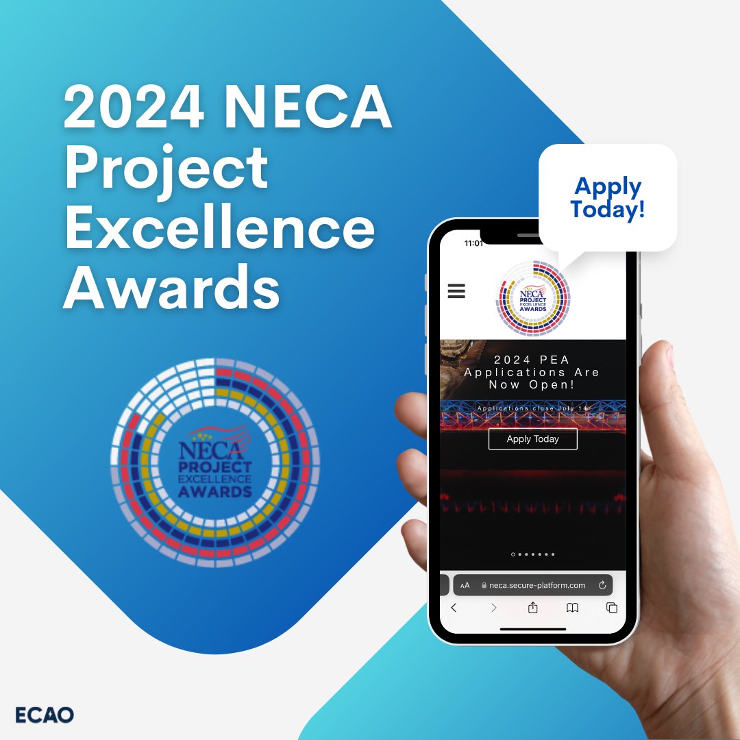 Apply for NECA's 2024 Project Excellence Award Program!

Projects must be completed between January 1, 2023 and December 31, 2023.

Submit your completed entry forms by July 14, 2024.

Learn More: neca.secure-platform.com/a

<a href="/necanet/">NECA</a> #WeareNECA #ECAO