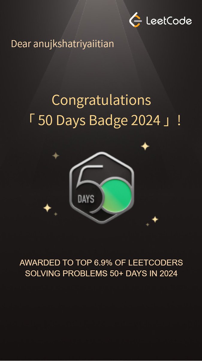Anuj_webdev's tweet image. Hey everyone, I&apos;m excited to announce a milestone in my coding journey – I just earned the 50 Days Badge on LeetCode for solving problems in C++! 
Thanks to CodeHelp DSA playlist for making this journey smooth.

#neverstoplearning #codinglife #leetcodegrind #dsa