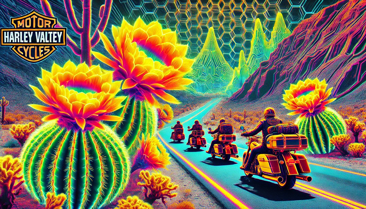 222TT222's tweet photo. <<#NeonGlitchArt yellow and red #Cactus flowers welcoming #DeathValley #Harley riders on crystal lattice periodicity>> Do not blame DALLE's spelling mistake. #DALLE #ネオングリッチアート #サボテン #デスバレー #ハーレーダビッドソン https://t.co/CftMwPduJY