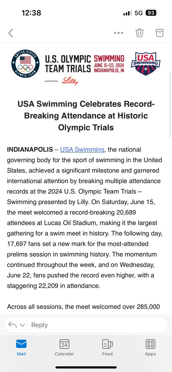 EricGravesKMBC's tweet image. NEW: @USASwimming says #SwimTrials24 brought in more than 285,000 fans across the nine days. A 60% increase from the previous Olympic swim trials record. USA Swimming President Tim Hinchey says Indy has “exceeded our expectations.”
@FOX59 @CBS4Indy