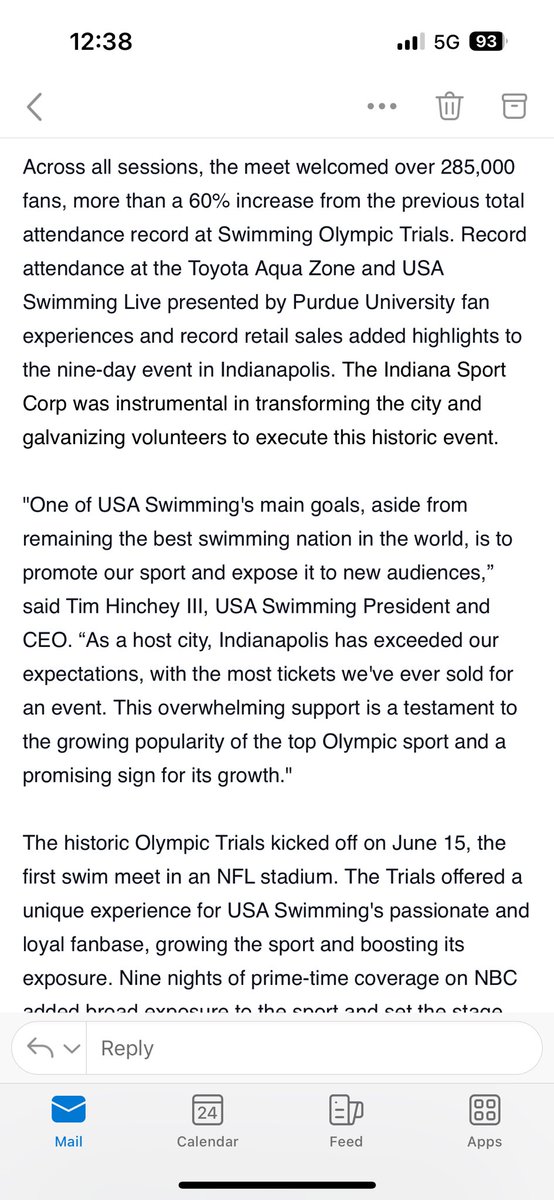 EricGravesKMBC's tweet image. NEW: @USASwimming says #SwimTrials24 brought in more than 285,000 fans across the nine days. A 60% increase from the previous Olympic swim trials record. USA Swimming President Tim Hinchey says Indy has “exceeded our expectations.”
@FOX59 @CBS4Indy