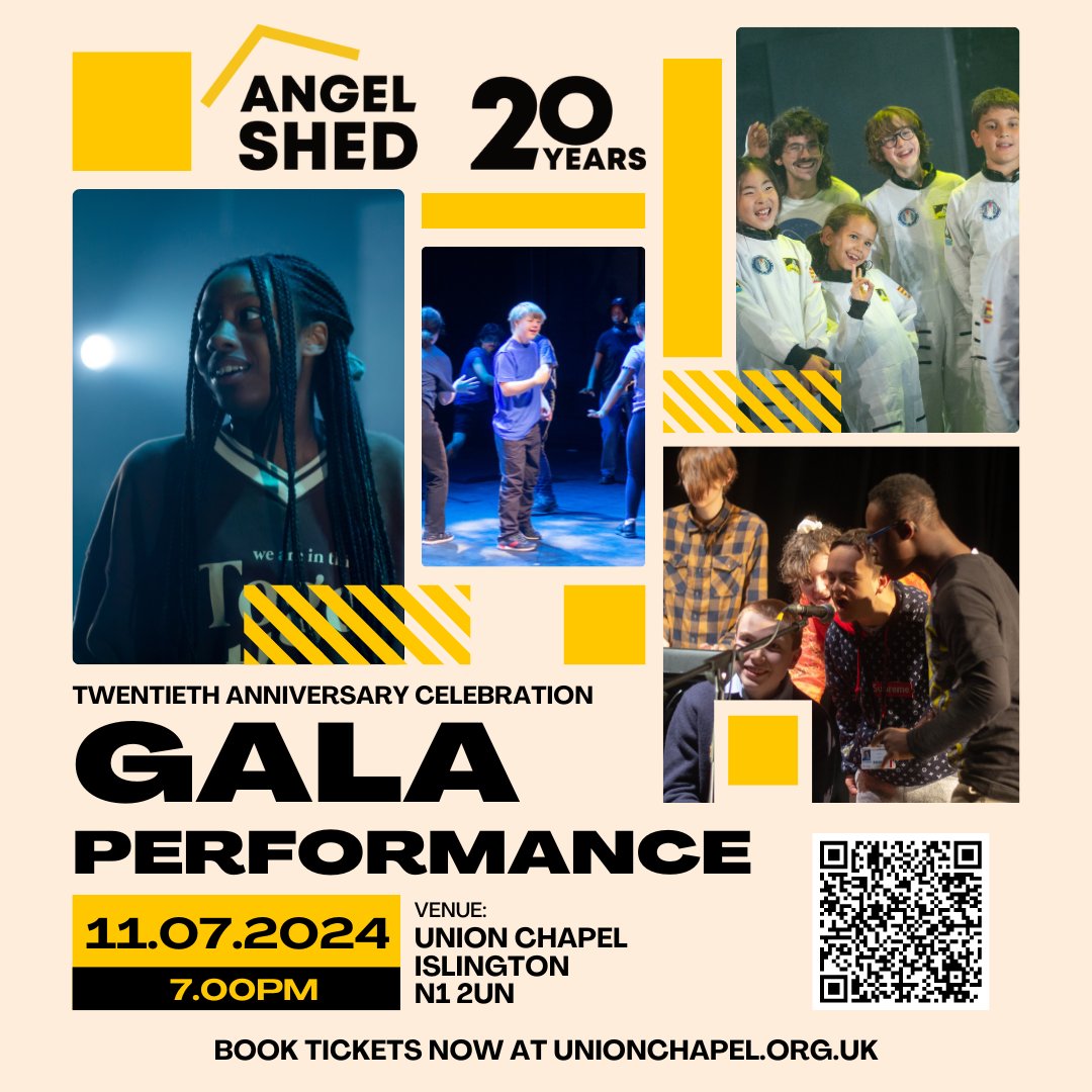 ANGEL SHED 20th Anniversary Gala Performance | Thu 11 Jul
Celebrating 20 years of inclusive performing arts with theatre, music &amp; dance performances from the young people of @angelshed w/ special guests to be announced.

Pay-what-you-can ticket options at unionchapel.org.uk/venue/whats-on…
