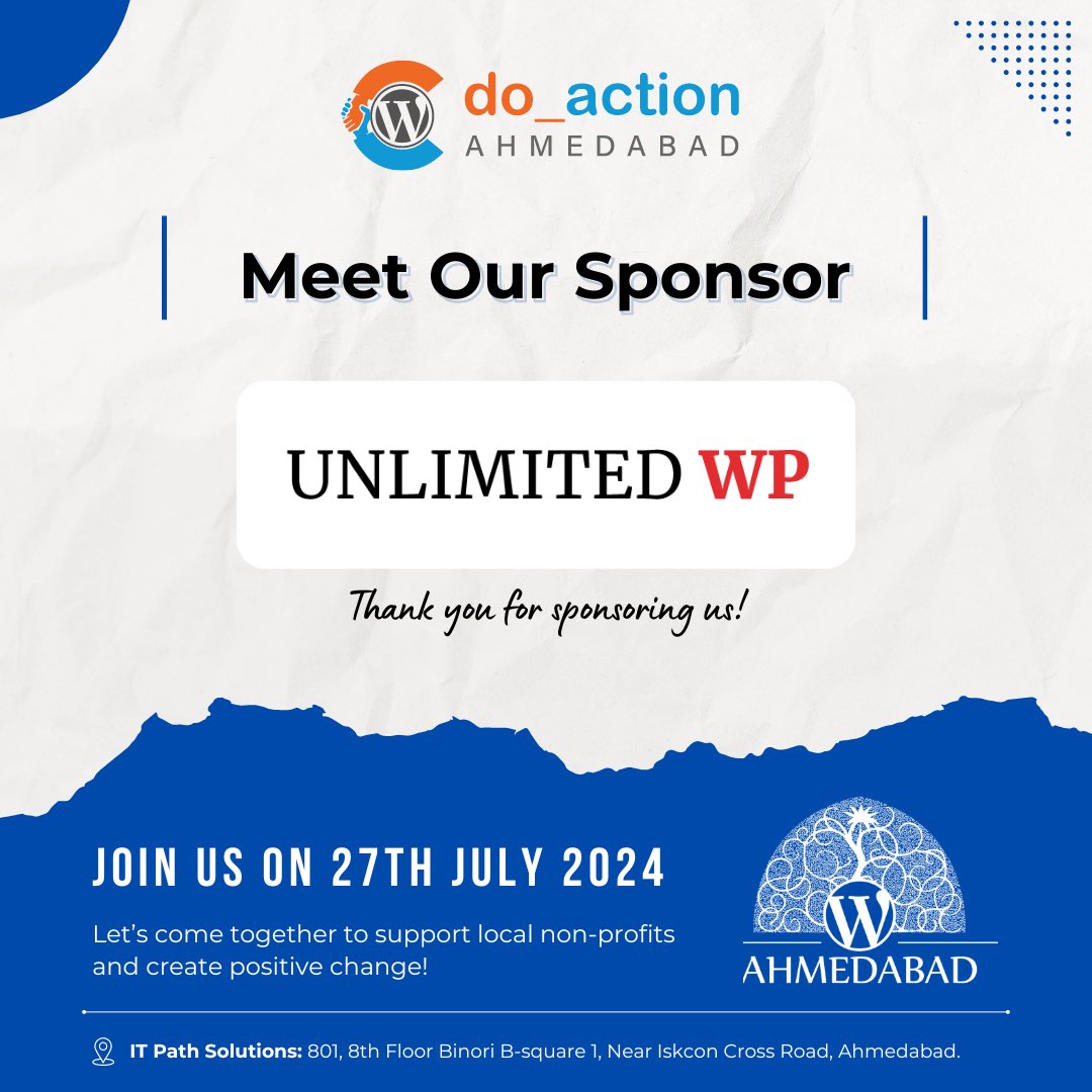 Thrilled to have <a href="/UnlimitedWP/">Unlimited Wordpress</a> on board as a sponsor for #doaction Ahmedabad 2024! Together, we’re making a difference in the #WordPress community. 

#UnlimitedWP#DoAction #WordPress #Charity #WPAhmedabad #WCAhmedabad