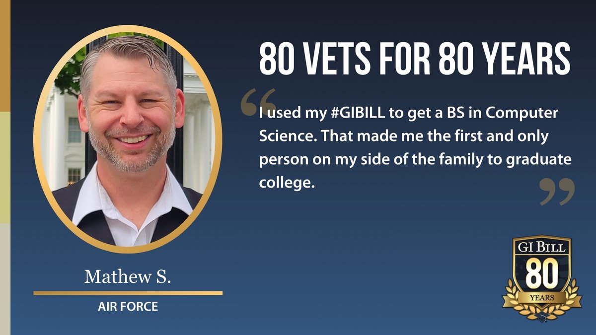 VAVetBenefits's tweet image. Meet Mathew! He used his #GIBill to earn a Bachelor's in Computer Science, becoming the first in his family to graduate college. #VeteranSuccess #FirstGenGrad #80Vetsfor80Years

 Interested in participating? Drop us a comment below and we'll contact you with more details.