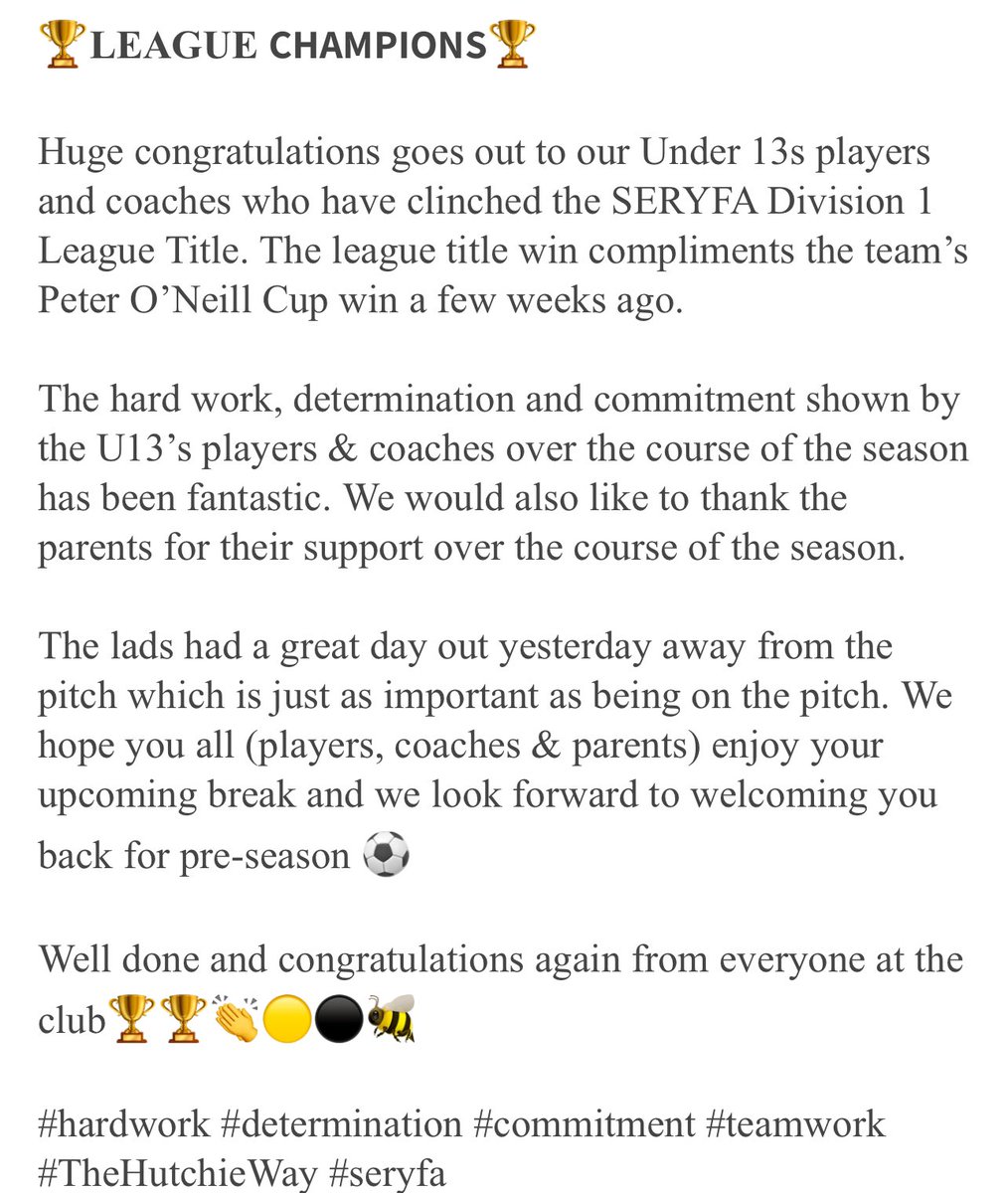 Hutchie_Vale's tweet photo. 🏆Hutchie U13’s - League Champions🏆
Please see the article 👇 on our U13s who have clinched the Division 1 league title 🥇
#welldone #hardwork #determination #commitment #TheHutchieWay #SERYFA https://t.co/jJaHqpzo4R