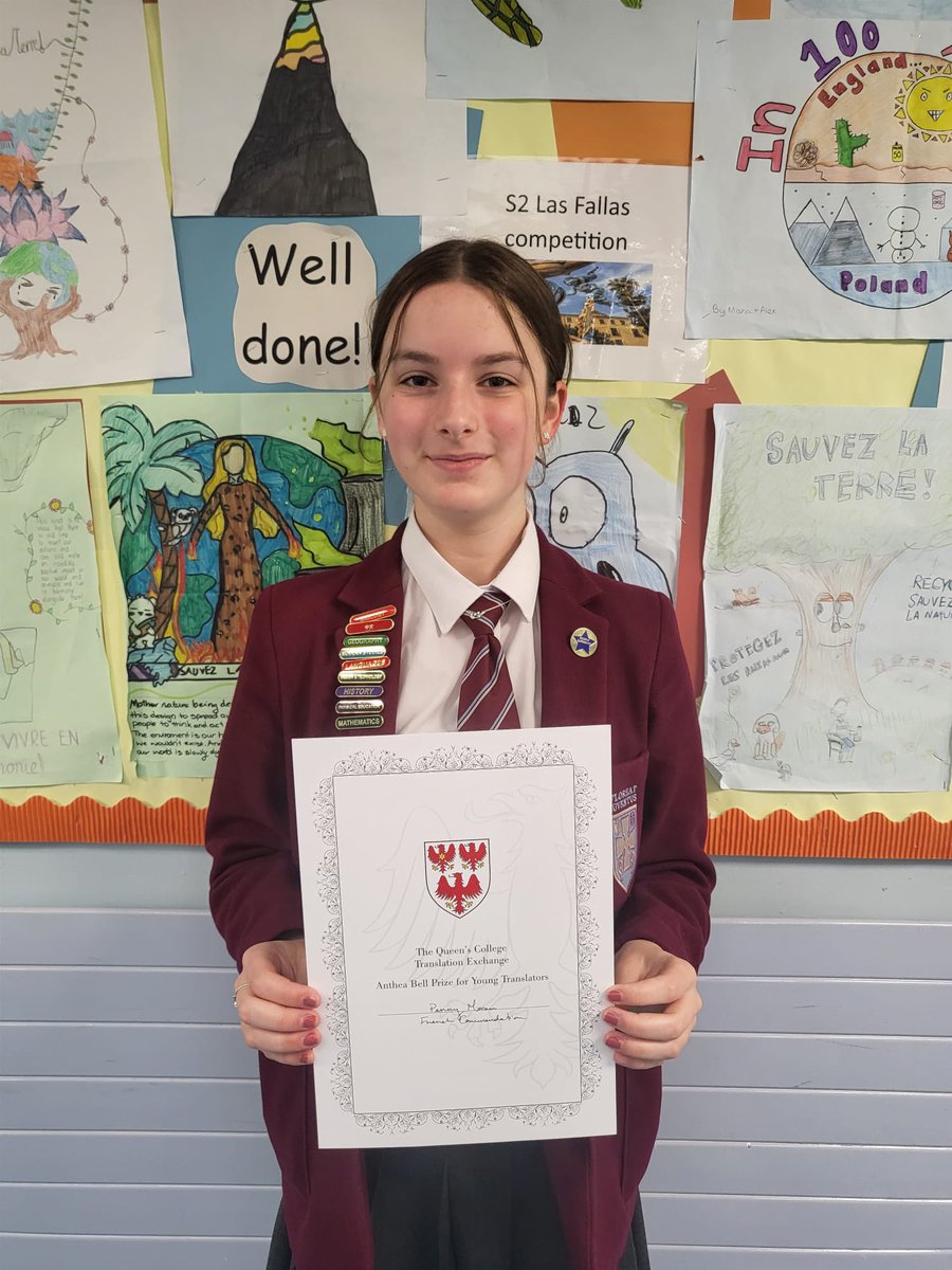 Penny with her Commendation Certificate for her participation in The Anthea Bell Prize for Young Translators, awarded by The Queen's College Translation Exchange,  University of Oxford. Well done, Penny ⭐️ <a href="/stninianshigh/">Saint Ninian's</a>