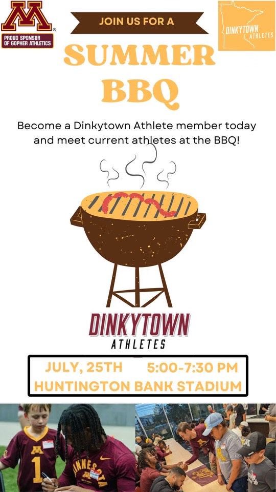 〽️🍔🔥Gopher fans〽️🍔🔥

Join me &amp; other Gopher student-athletes from football 🏈 basketball 🏀 volleyball 🏐 &amp; men's hockey 🏒 for the 2nd annual <a href="/DTAthletes/">DinkytownAthletes</a> Member BBQ‼️

Become a member today to attend👇
dinkytownathletes.com/memberships/

Kids 14 &amp; under are free with a member‼️