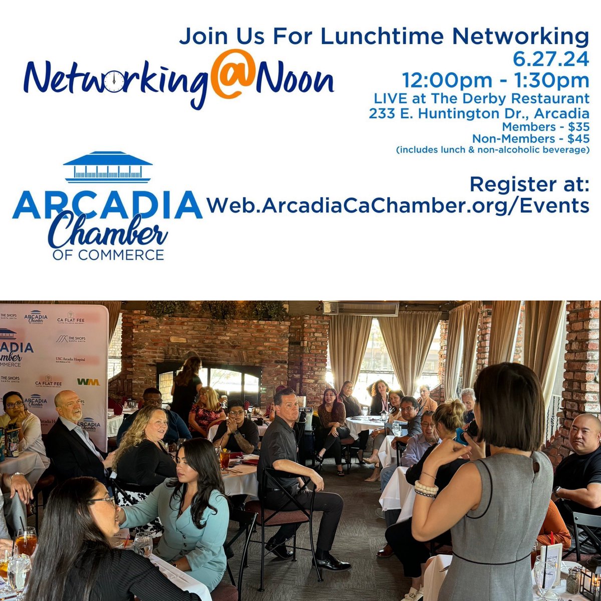 ArcadiaChamber's tweet photo. This Thursday 6/27 is our popular Networking@Noon at @TheDerby_ 🤝
Register now so you don’t miss out on this great networking opportunity! 
30 second pitches + networking + fantastic lunch = productive way to spend your lunchtime.

Register: https://t.co/2Ojl7GvH8j https://t.co/rsWzx1SOuh