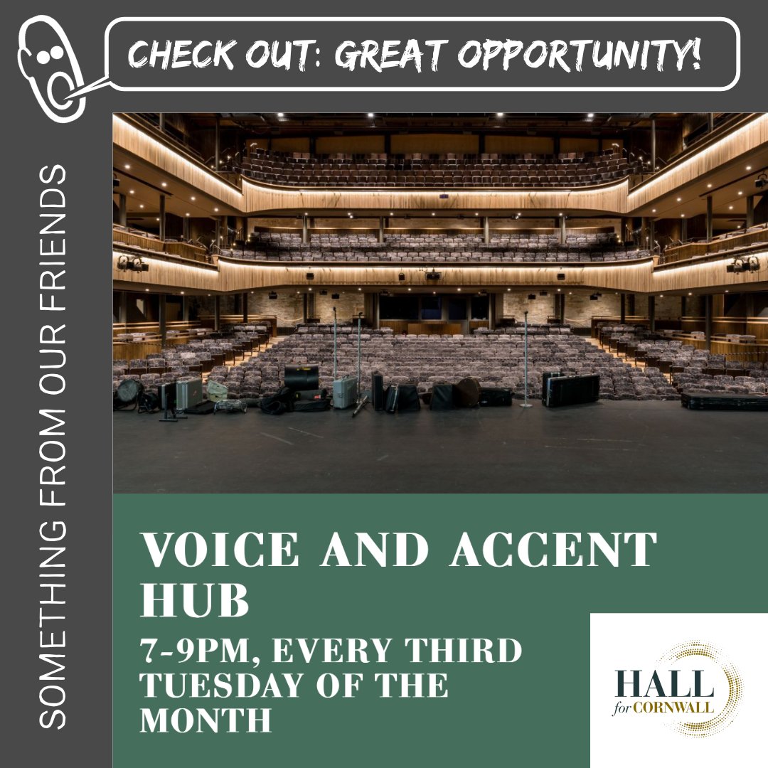 🎤 SOMETHING FROM OUR FRIENDS 🎤

Voice and Accent Hub at the <a href="/HallforCornwall/">Hall for Cornwall</a> 
7-9PM | Every third Tuesday of the Month

Don't miss this wonderful opportunity from our friends at the <a href="/HallforCornwall/">Hall for Cornwall</a> to work on all things voice.

More info: hallforcornwall.co.uk/whats-on/voice…