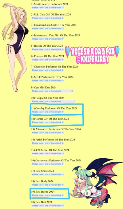 Were nominated! You can vote for me 5x a day for Best cosplayer, Boobs and Gamer girl! I&rsquo;m going to give