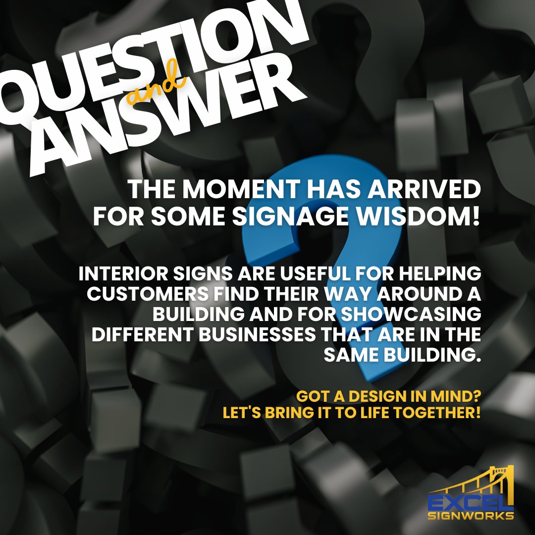 Excel Signworks (@excelsignworks) on Twitter photo #AnswerReveal
Interior signs are useful for helping customers find their way around a building and for showcasing different businesses that are in the same building.
Contact Excel Signworks today:
📞 412-586-7361
🌐 excelsignworks.com
📧 info@excelsignworks.com #AnswerReveal
Interior signs are useful for helping customers find their way around a building and for showcasing different businesses that are in the same building.
Contact Excel Signworks today:
📞 412-586-7361
🌐 excelsignworks.com
📧 info@excelsignworks.com