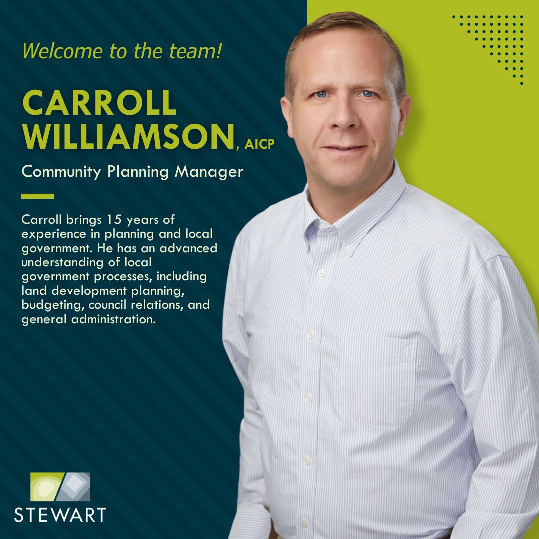 Please join us in welcoming Carroll Williamson, AICP, our new Community Planning Manager in our Columbia, SC office.

Discover how our Community Planning team has supported numerous communities across the Southeast: wearestewart.com/community-plan… 

#StewartPlanning #CommunityPlanning