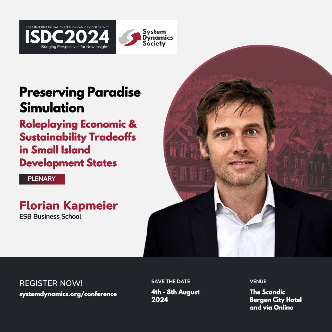 #ISDC2024 Plenary ▶️ Preserving Paradise Simulation: Roleplaying Economic &amp; Sustainability Tradeoffs in Small Island Development States by Florian Kapmeier 

📅 August 4-8, 2024
📍 The Scandic Bergen City Hotel &amp; online
🔗 ow.ly/bNVb50So7Ps

#SystemDynamics #systemsthinking