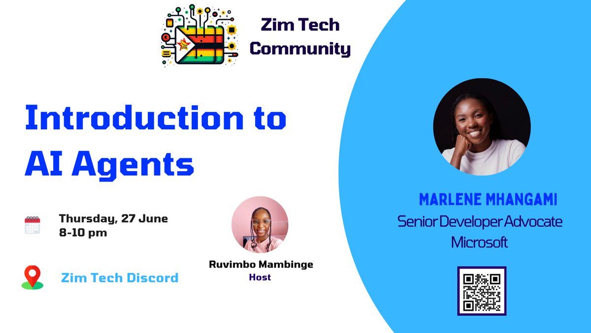 Michael Nyamande ๐ฟ๐ผ (@mikeyny_zw) on Twitter photo Hey guys ๐
Are you ready for our bi-weekly tech session on Thursday?
This week we have a very special guest: <a href="/marlene_zw/">Marlene Mhangami</a>, a Senior Developer Advocate at Microsoft, who will be sharing on AI Agents๐ฅ
โฒ: Thursday 27 June
๐: Zim Tech Discord Server
๐: discord.gg/Xpzk87Hkbb Hey guys ๐
Are you ready for our bi-weekly tech session on Thursday?
This week we have a very special guest: <a href="/marlene_zw/">Marlene Mhangami</a>, a Senior Developer Advocate at Microsoft, who will be sharing on AI Agents๐ฅ
โฒ: Thursday 27 June
๐: Zim Tech Discord Server
๐: discord.gg/Xpzk87Hkbb