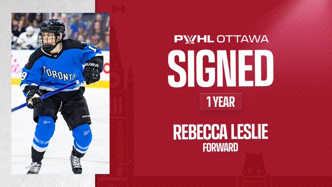 Signing graphic for PWHL Ottawa. 

Rebecca Leslie, Forward, 1 year contract. 