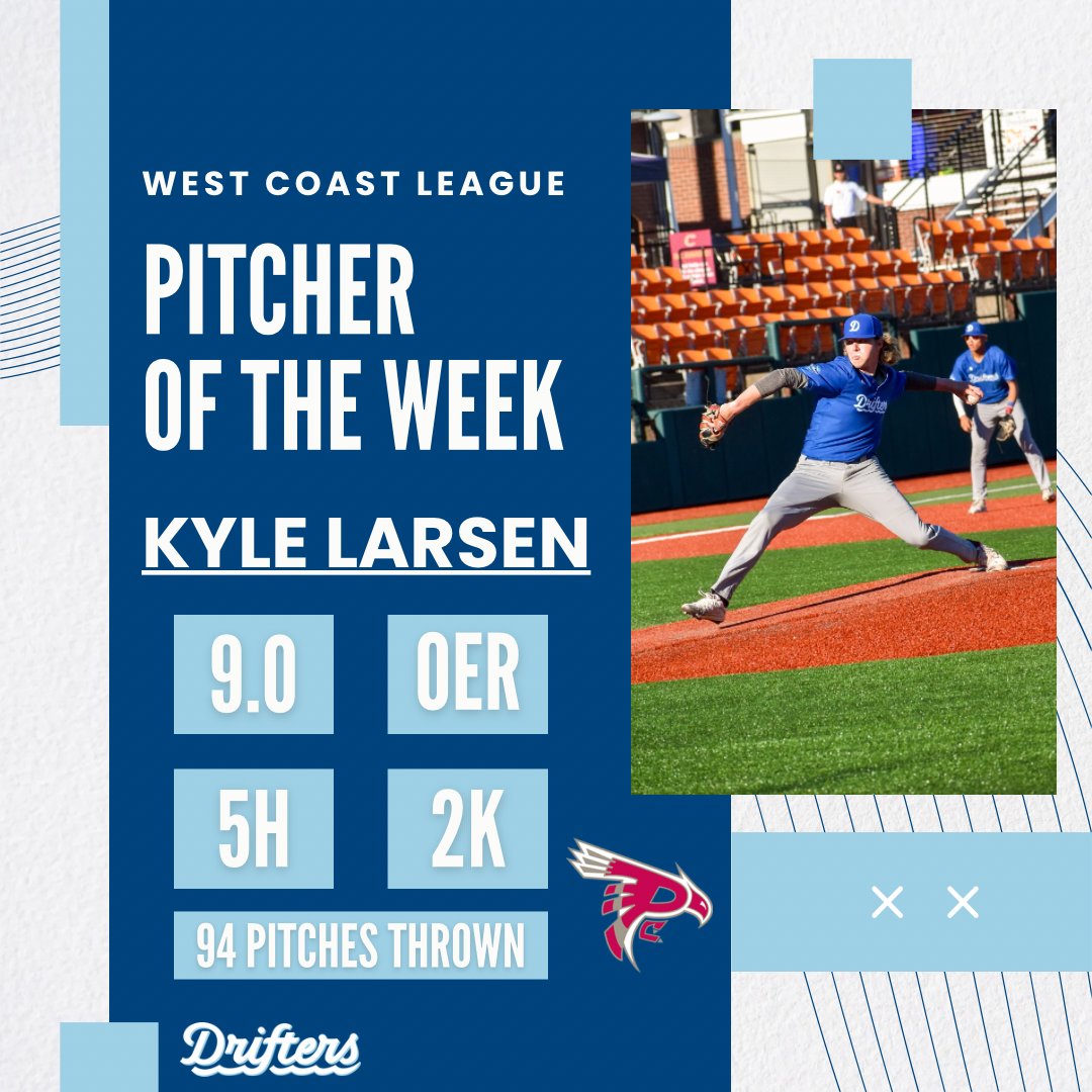 Springfield Drifters (@driftersbball) on Twitter photo The WCL Pitcher of the Week is none other than Kyle Larsen from <a href="/Pierce_Baseball/">Pierce Baseball</a>! Kyle threw 9 innings of scoreless baseball, allowing just 5 hits and no walks with two strikeouts on just 94 pitches against the WCL leading Corvallis Knights last Tuesday. The WCL Pitcher of the Week is none other than Kyle Larsen from <a href="/Pierce_Baseball/">Pierce Baseball</a>! Kyle threw 9 innings of scoreless baseball, allowing just 5 hits and no walks with two strikeouts on just 94 pitches against the WCL leading Corvallis Knights last Tuesday.