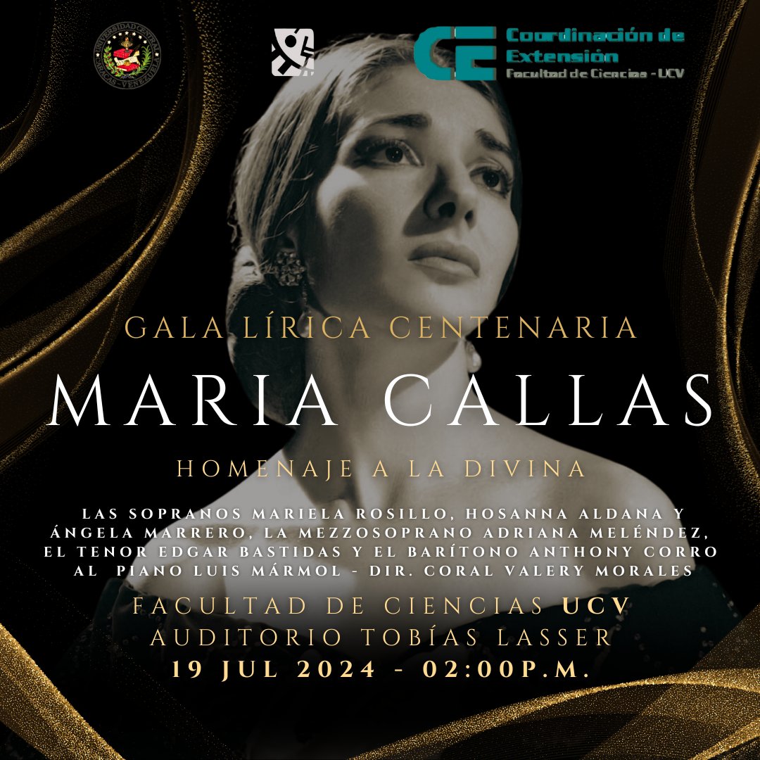 GALA CENTENARIA MARIA CALLAS
Auspiciada por la Universidad Central de Venezuela y la Comunidad Griega de Venezuela, con la participación de destacados solistas venezolanos, el Mtro. Luis Mármol al piano y en conducción y dirección, Valery Morales.
HOMENAJE A LA DIVINA #Callas100