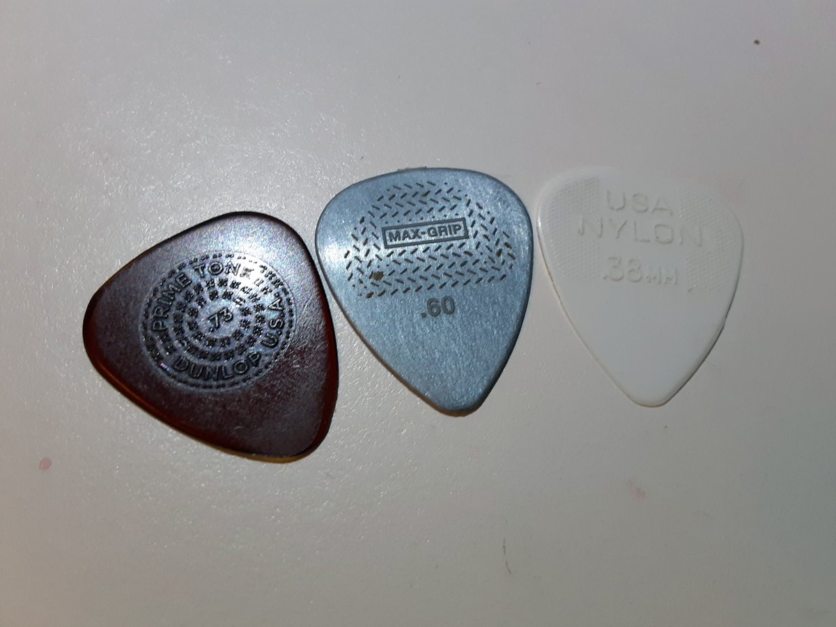 ogdimora's tweet photo. @dmnguitarist These are the 3 I use for everything. The .73 is usually for solo stuff and 80% of everything else, the .60 for rhythm stuff that has a lot of palm muting, and the .38 I only use for strumming type stuff. I have a really heavy hand, so thicker picks tend to not work well for me. https://t.co/vh4pkvNMP5