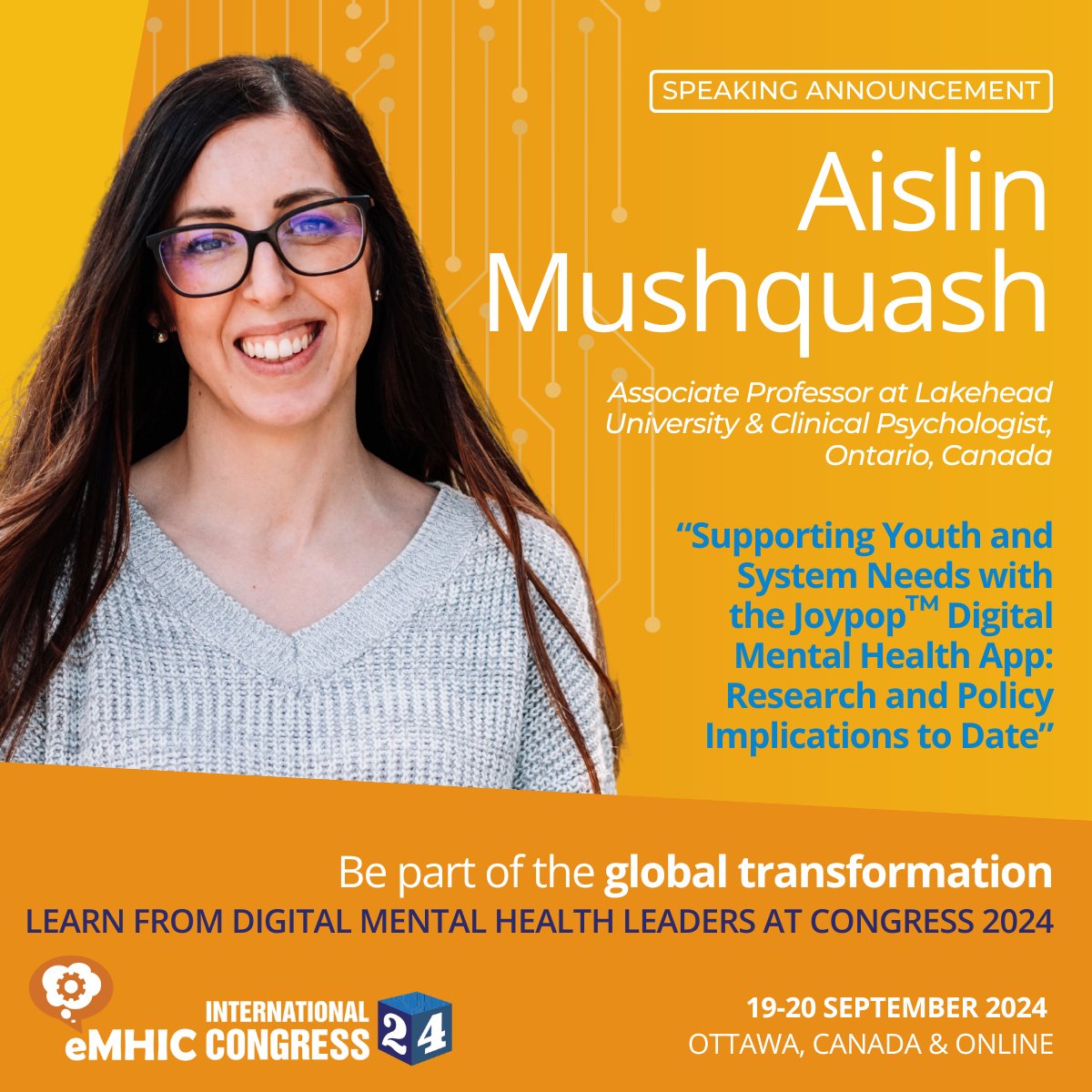 CopingLab's tweet image. Dr. Mushquash is speaking at the 2024 Digital Mental Health International Congress! Join in person or online on Sept 19-20 in Ottawa. With reps from 18 countries and diverse topics, this event promises a significant impact. events.emhicglobal.com/digital-mental… #DigitalMentalHealth2024