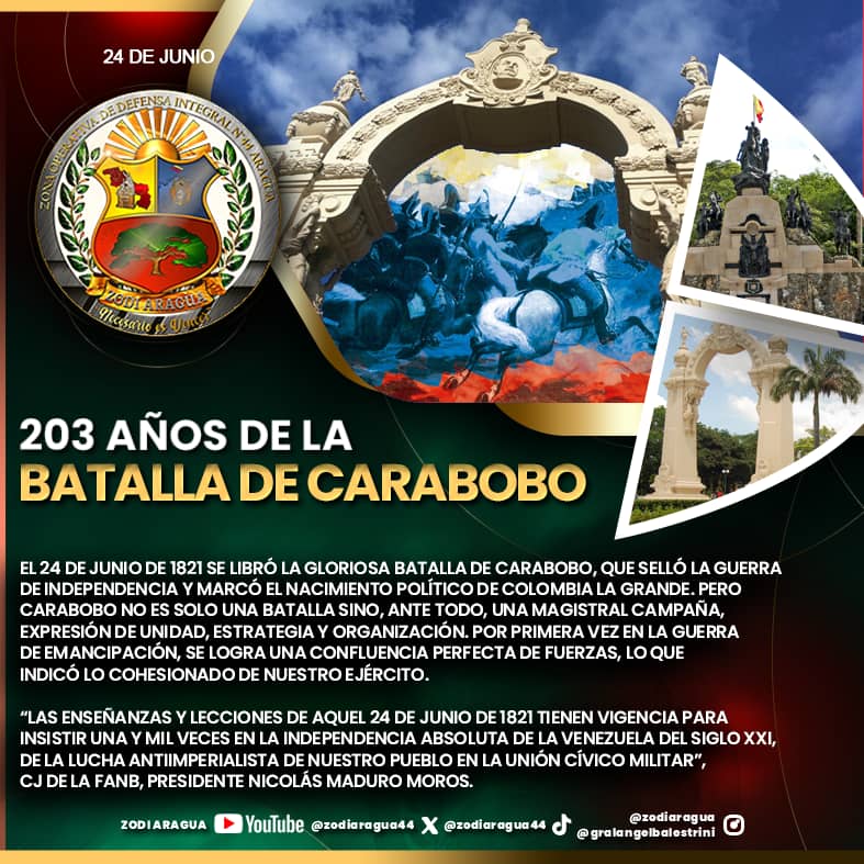 zodiaragua (@zodiaragua44) on Twitter photo La FANB conmemoramos un nuevo aniversario de la victoriosa Batalla de Carabobo y como lo dijo nuestro CJ de la FANB, Pdte <a href="/NicolasMaduro/">Nicolás Maduro</a>, las enseñanzas y lecciones de aquel día tienen vigencia hoy para insistir una y mil veces en la independencia absoluta de la Venezuela. La FANB conmemoramos un nuevo aniversario de la victoriosa Batalla de Carabobo y como lo dijo nuestro CJ de la FANB, Pdte <a href="/NicolasMaduro/">Nicolás Maduro</a>, las enseñanzas y lecciones de aquel día tienen vigencia hoy para insistir una y mil veces en la independencia absoluta de la Venezuela.