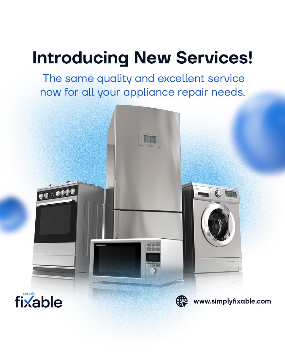 Simply_Fixable's tweet image. 📢 Exciting News from Simply Fixable?

We are thrilled to announce that we are expanding our range of services to include Refrigerator, Washing Machine, Dishwasher, Oven and Stove, and Microwave Repairs!
_
#ApplianceRepair #QualityService #SimplyFixable